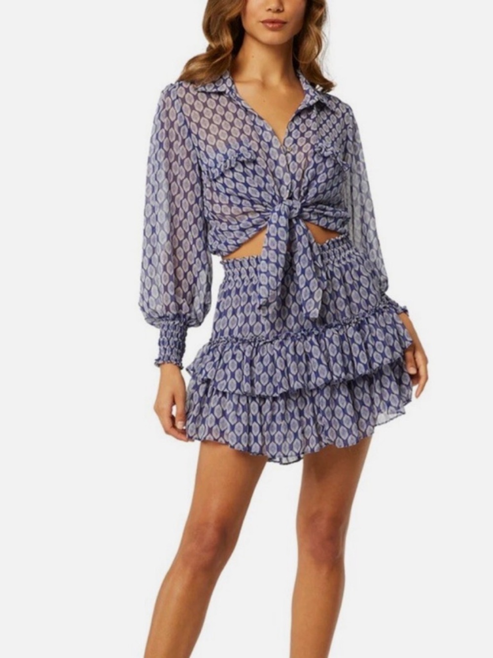 MISA Los Angeles Nahla blue print tiered skirt XS $245